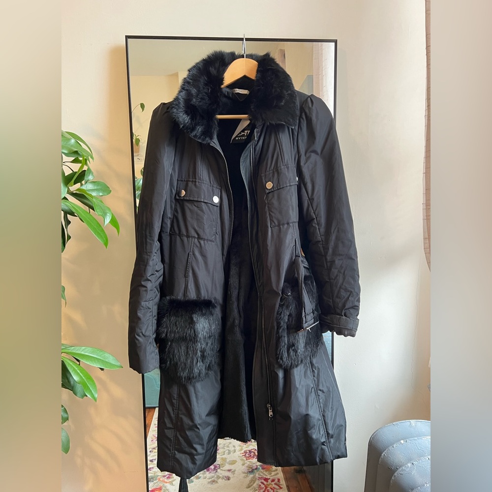 Black fur lined coat w leather - Made in Italy